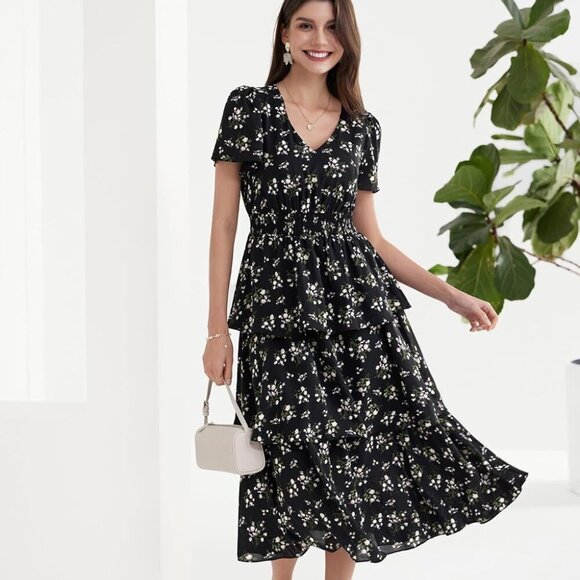 Women's 2025 Floral Summer Long Midi Dress V Neck Short Sleeve Ruffle Tiered Lay - Picture 2 of 5